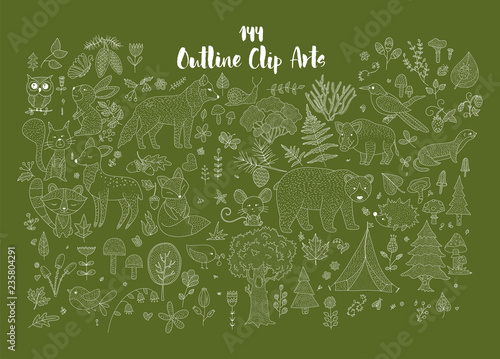 Big set of hand drawn outline forest.