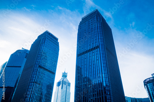 Modern office building on a clear sky background.