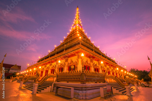 Phra Mahathat Kaen Nakhon, or Wat Nong Wang, is a royal temple with beautiful sculptures of 9-storey relics, a landmark Buddhist site in Khon Kaen Province, Thailand. © bangprik