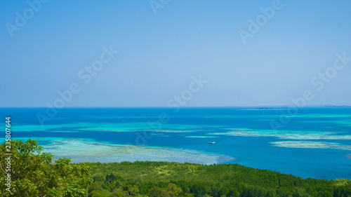 blue water sea with turquoise water and green tree forest in karimun jawa