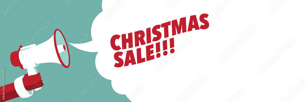 Christmas sale banner with Santa Claus hand holding megaphone. Eps10 vector illustration.