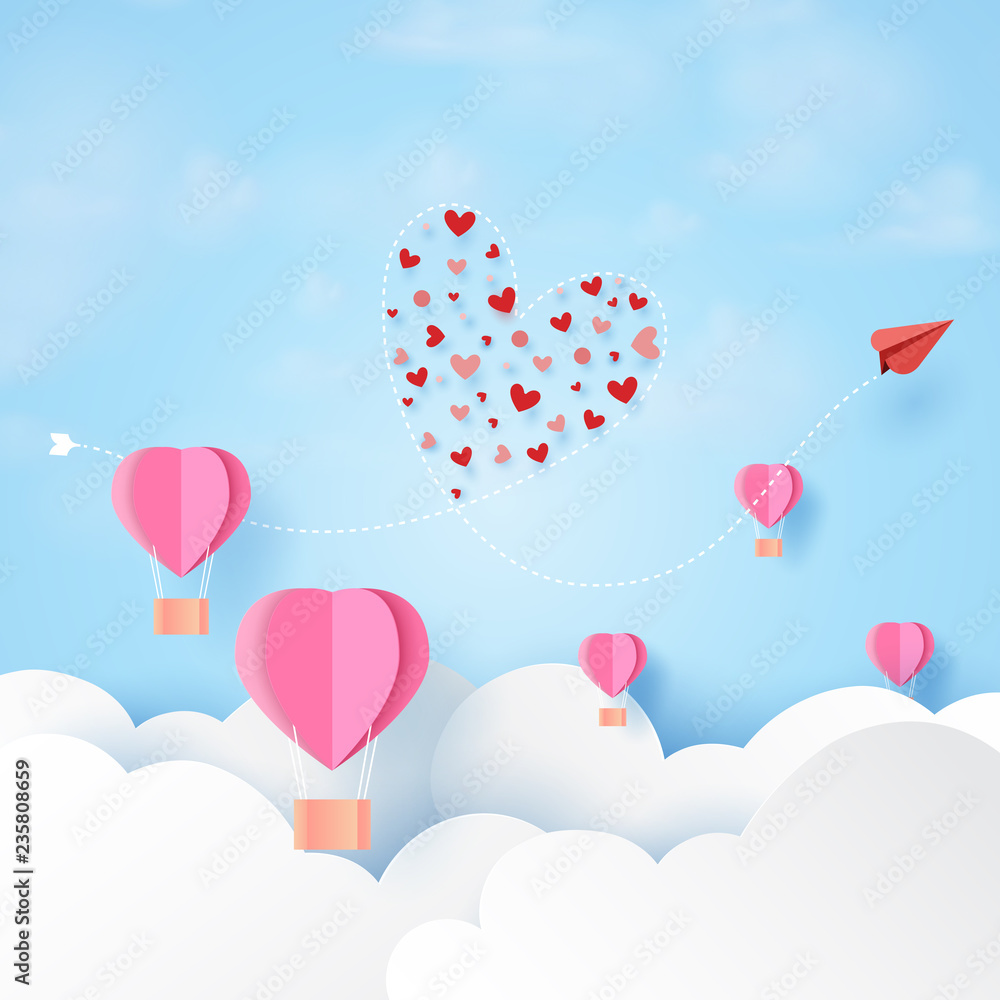 Love concept and Happy Valentines Day greeting card template.Red airplane and pink paper airplane floating on clouds and blue sky paper art style.Vector illustration.