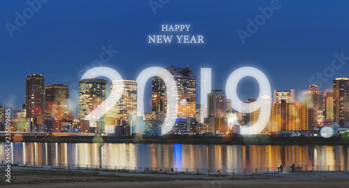 Happy New Year 2019 in the city. Panoramic city at night with Bokeh light with happy new year 2019 celebration