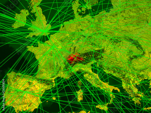 Switzerland on digital map with networks. Concept of international travel, communication and technology.