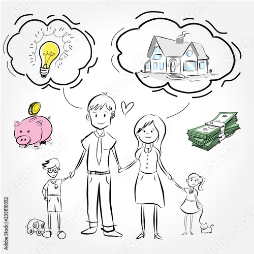 Drawing free hand  family prepare money for the house.Think idea for buy residence.