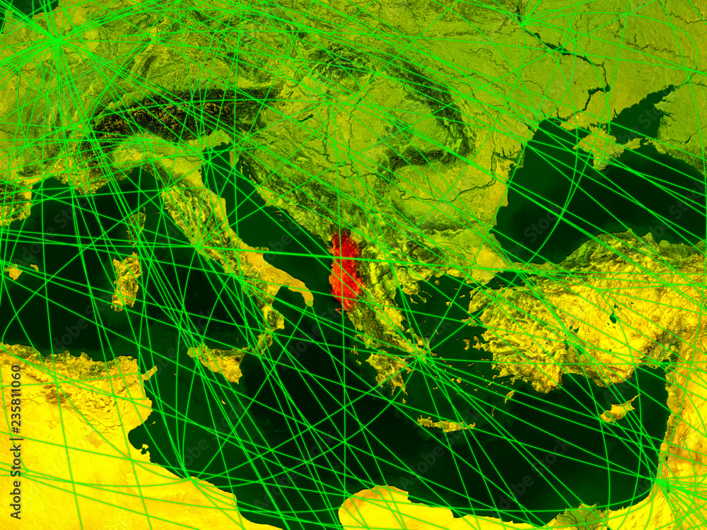 Fototapeta premium Albania on digital map with networks. Concept of international travel, communication and technology.
