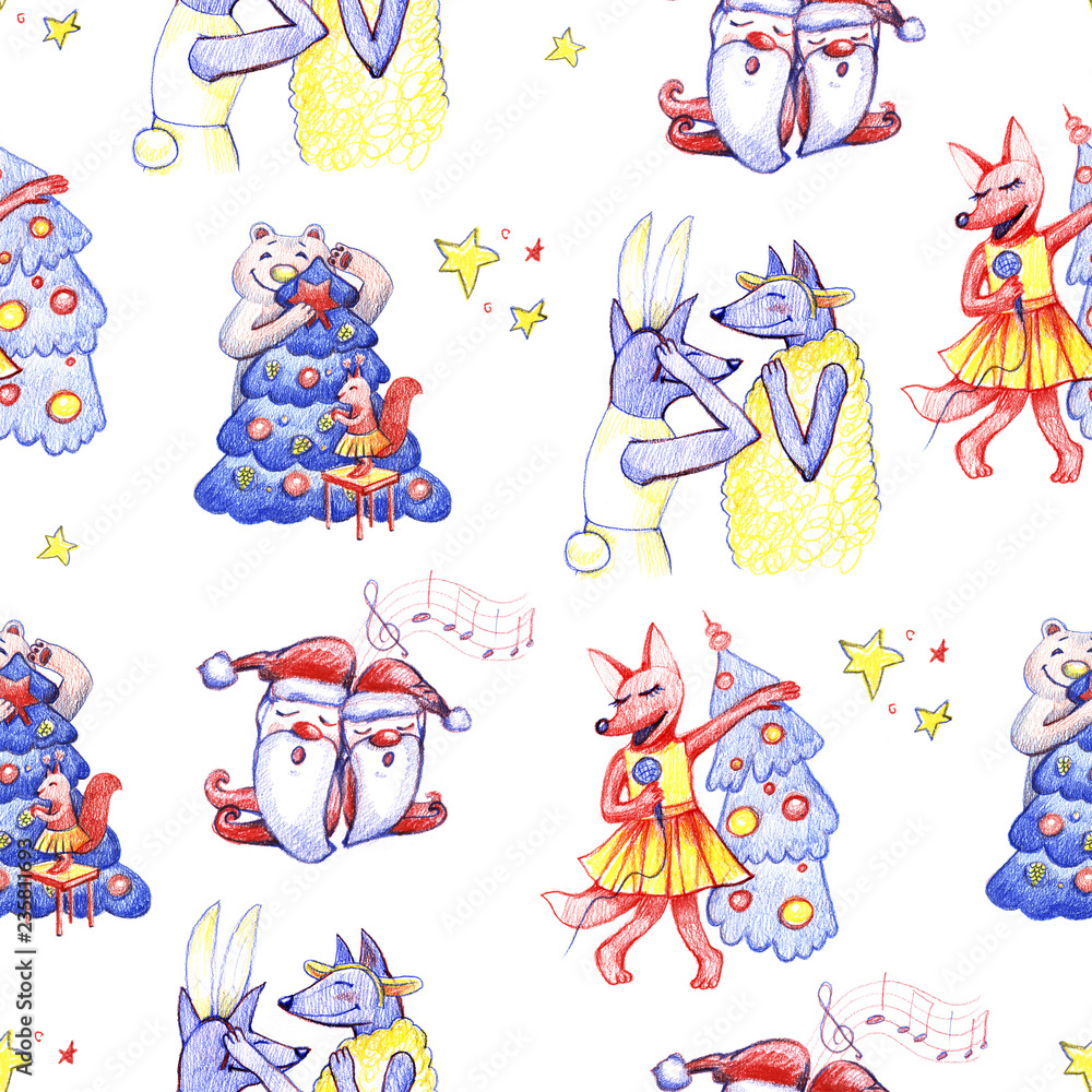 Naklejka premium Animals party. New year and Christmas hand draw illustration. Seamless pattern. Characters on white background