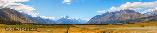 Panorama Road leading to Aoraki Mount Cook National Park at South Island New Zealand, Summertime