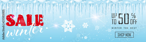 winter sale banner design frozen icicles season shopping template special discount offer concept horizontal poster flat