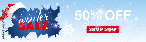 winter sale banner design ice hole red hat new year holidays season shopping template special discount offer concept horizontal poster flat