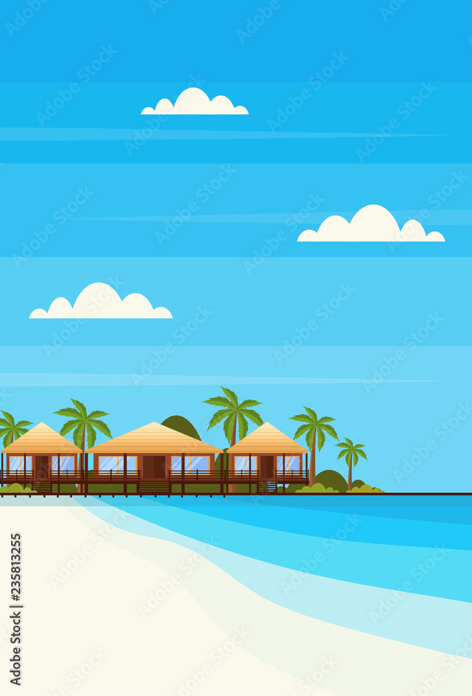 tropical island with villa bungalow hotel on beach seaside green palms landscape summer vacation concept flat vertical
