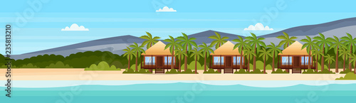 tropical island with villa bungalow hotel on beach seaside mountain green palms landscape summer vacation concept flat horizontal banner