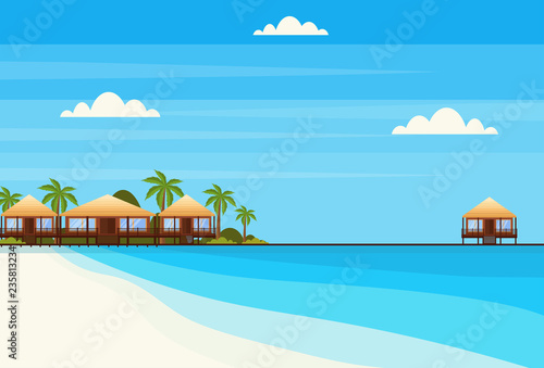 tropical island with villa bungalow hotel on beach seaside green palms landscape summer vacation concept flat horizontal