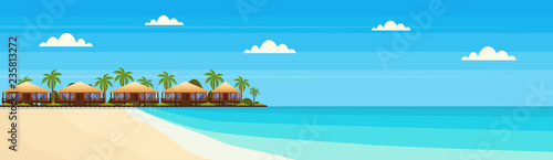 tropical island with villa bungalow hotel on beach seaside green palms landscape summer vacation concept flat horizontal banner