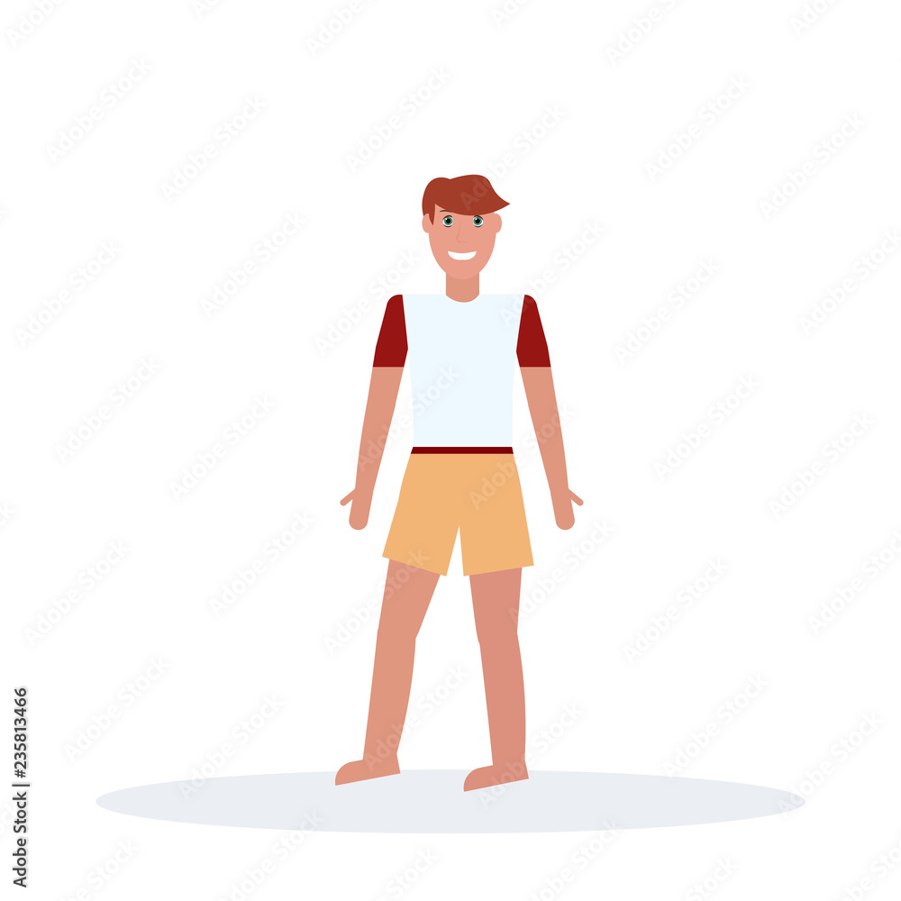 Fototapeta premium man wearing t-short and shorts standing pose happy guy summer vacation concept male cartoon character full length flat isolated