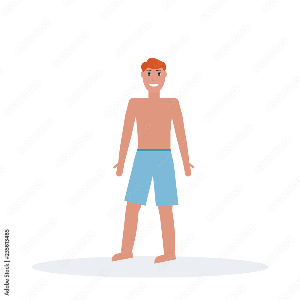 redhead man wearing swim shorts standing pose happy guy summer vacation  concept male cartoon character full length flat isolated Stock Vector |  Adobe Stock