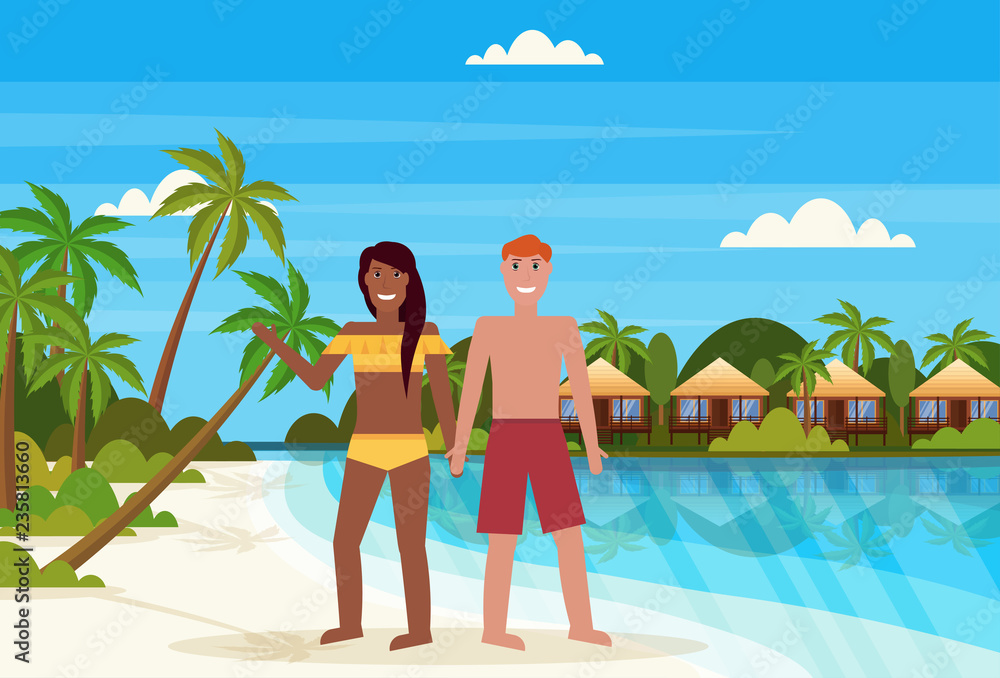 mix race couple on tropical island with villa bungalow hotel on beach seaside green palms landscape summer vacation concept flat horizontal