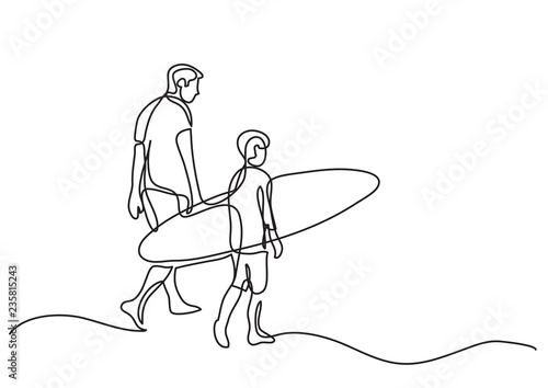 continuous line drawing of father and son walking on a beach with surfboard