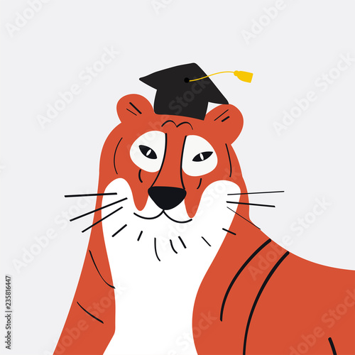 Fototapeta Naklejka Na Ścianę i Meble -  Cute cartoon tiger wearing a graduation hat vector graphics
