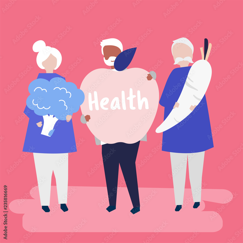 Characters of retired seniors and health concept illustration Characters of retired seniors and health concept illustration