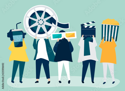 Characters of people holding movie icons illustration