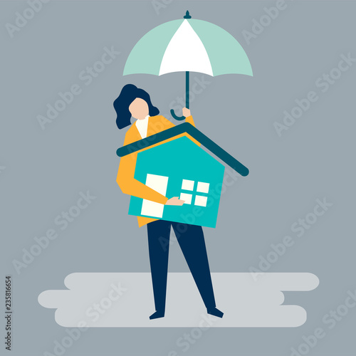Character of a woman and residential insurance concept illustration