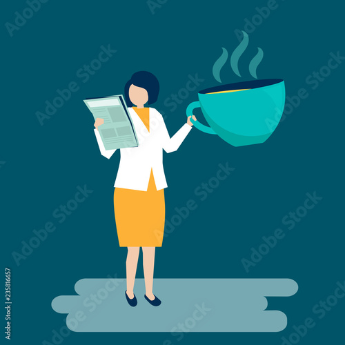 Businesswoman drinking coffee and reading a newspaper illustration