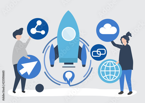 Two people holding startup technology icons illustration