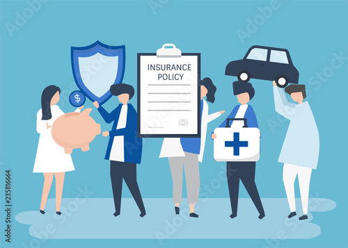 Characters of people holding insurance icons illustration