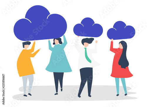 Characters of business people holding cloud icons illustration