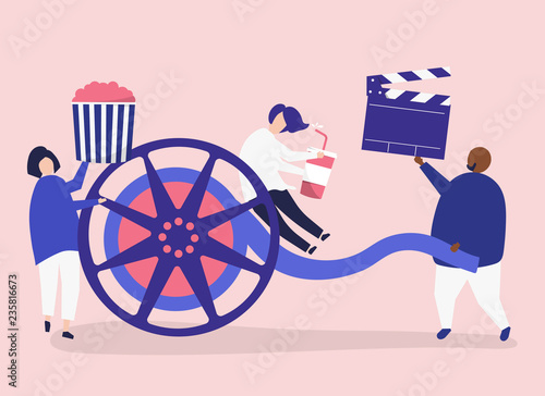 Characters of people holding movie icons illustration