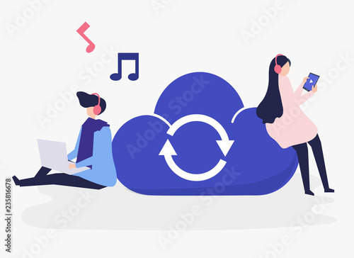 Characters of a couple sharing and listening to music illustration