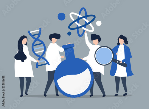 Characters of scientists holding chemistry icons illustration