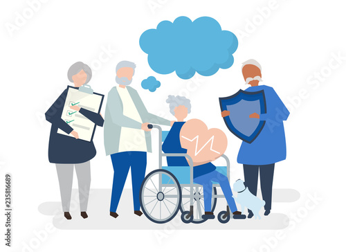 Characters of senior people holding healthcare icons illustration