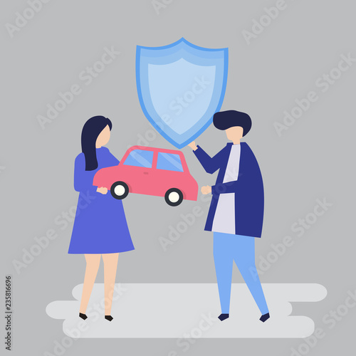 Characters of a couple holding a car and shield illustration