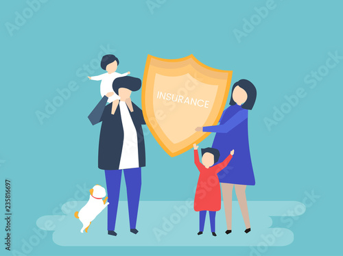 Character of a family holding an insurance illustration