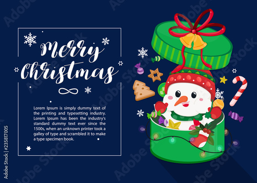 Christmas Card on dark navy background with Santa claus, Snowman, christmas ornament and snowflake. Chritmas template Vector Illustration photo