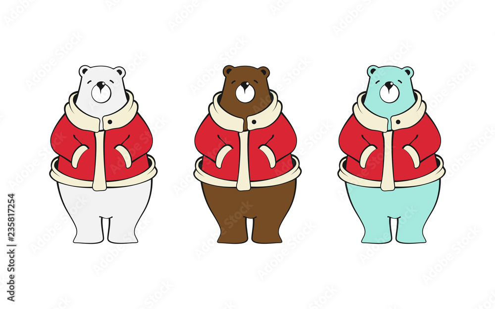Fototapeta premium Vector illustration of happy cute polar bear cartoon character wearing red coach, celebrating for Christmas and New Year party.
