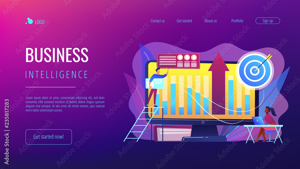 Business intelligence experts transform data into useful information. Business intelligence, business analysis, IT management tools concept. Website vibrant violet landing web page template. Business intelligence experts transform data into useful information. Business intelligence, business analysis, IT management tools concept. Website vibrant violet landing web page template.