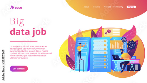 Engineers consolidating and structuring data in the center. Big data engineering, massive data operation, big data architecture concept. Website vibrant violet landing web page template.
