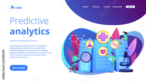 Doctors and personalized prescriptive analytics. Big data healthcare, personalized medicine, big data patient care, predictive analytics concept. Website vibrant violet landing web page template.