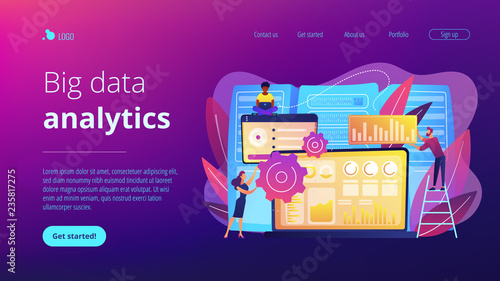 Laptop with data visualization software and developers working. Big data visualization, big data analytics, visualization software concept. Website vibrant violet landing web page template.