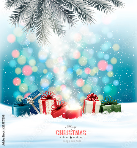 Christmas holiday background with colorful presents and magic box. Vector.