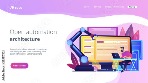 Open automation architecture, open source robotics soft, free development concept. Website vibrant violet landing web page template.