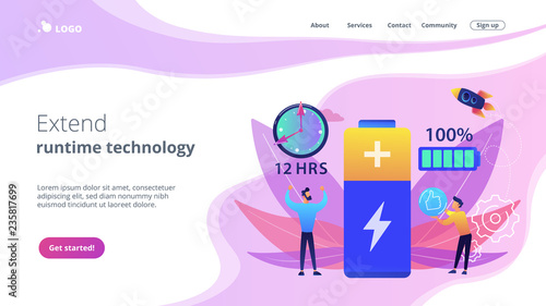 Users and battery performance and longevity with charge indicator and time. Battery runtime, extend runtime technology, long battery life concept. Website vibrant violet landing web page template.