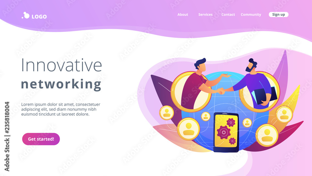 Businessmen handshaking through smartphone. Mobile collaboration, collaborative tools and mobile teamwork, mobile and innovative networking concept. Website vibrant violet landing web page template.