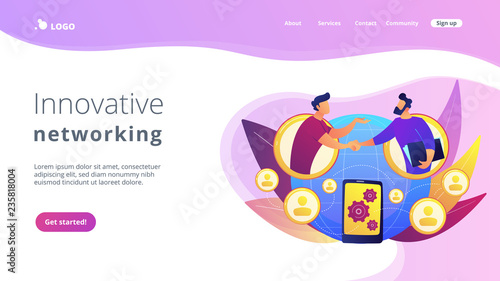 Businessmen handshaking through smartphone. Mobile collaboration, collaborative tools and mobile teamwork, mobile and innovative networking concept. Website vibrant violet landing web page template.