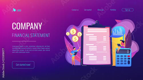 Financial analysts doing income statement with calculator and laptop. Income statement, company financial statement, balance sheet concept. Website vibrant violet landing web page template.
