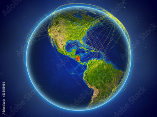 Fototapeta Naklejka Na Ścianę i Meble -  Nicaragua from space on planet Earth with digital network representing international communication, technology and travel.