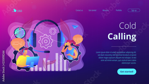 Operator wearing headset at computer cold calling to a potencial client. Cold calling, old school marketing, telemarketing sales concept. Website vibrant violet landing web page template.